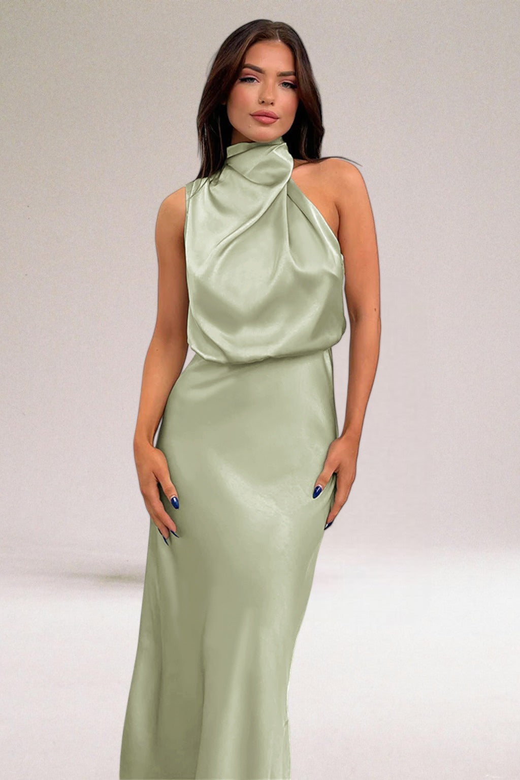 Women's Elara elegant flowing evening gown with a sophisticated halter neck. Perfect for special occasions.