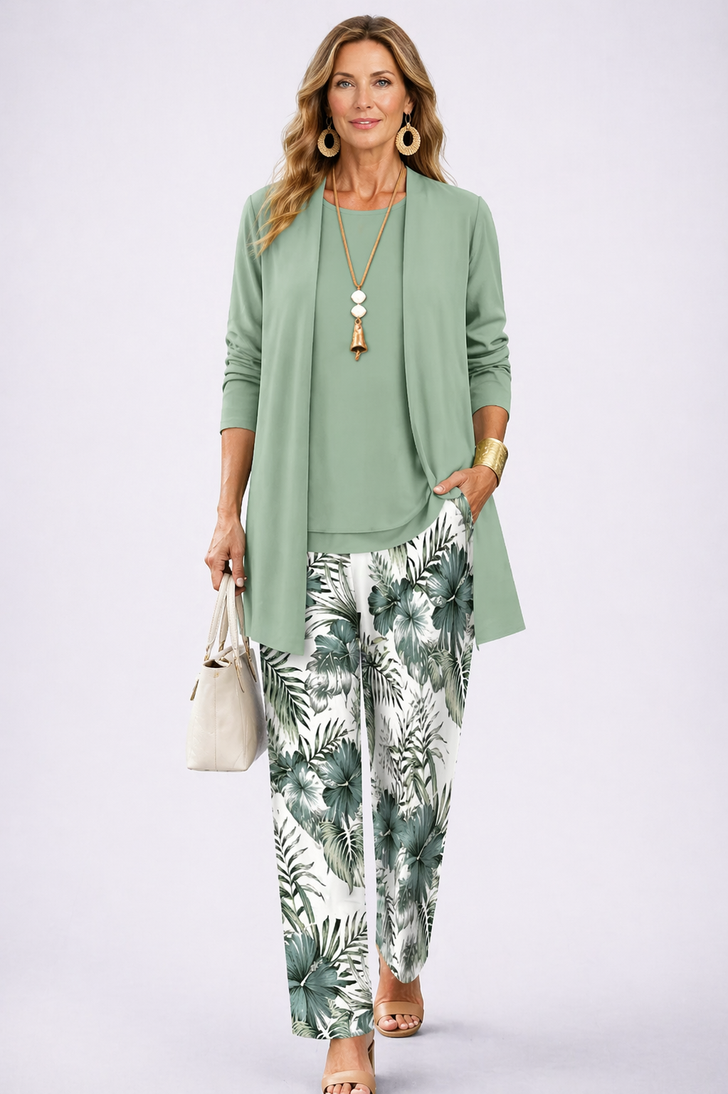 Women's elegant 3-piece set: long sleeve cardigan, top & comfortable wide-leg pants for versatile style.