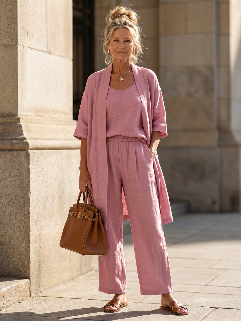 Women's elegant 3-piece set: longline cardigan, wide-leg pants & sleeveless top. Perfect coordinated look.