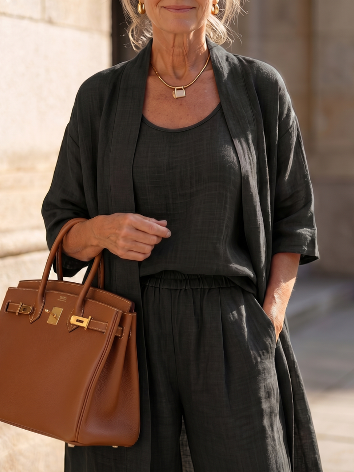 Women's summer elegant 3-piece outfit with a long cardigan, flowy wide-leg pants & a matching top.