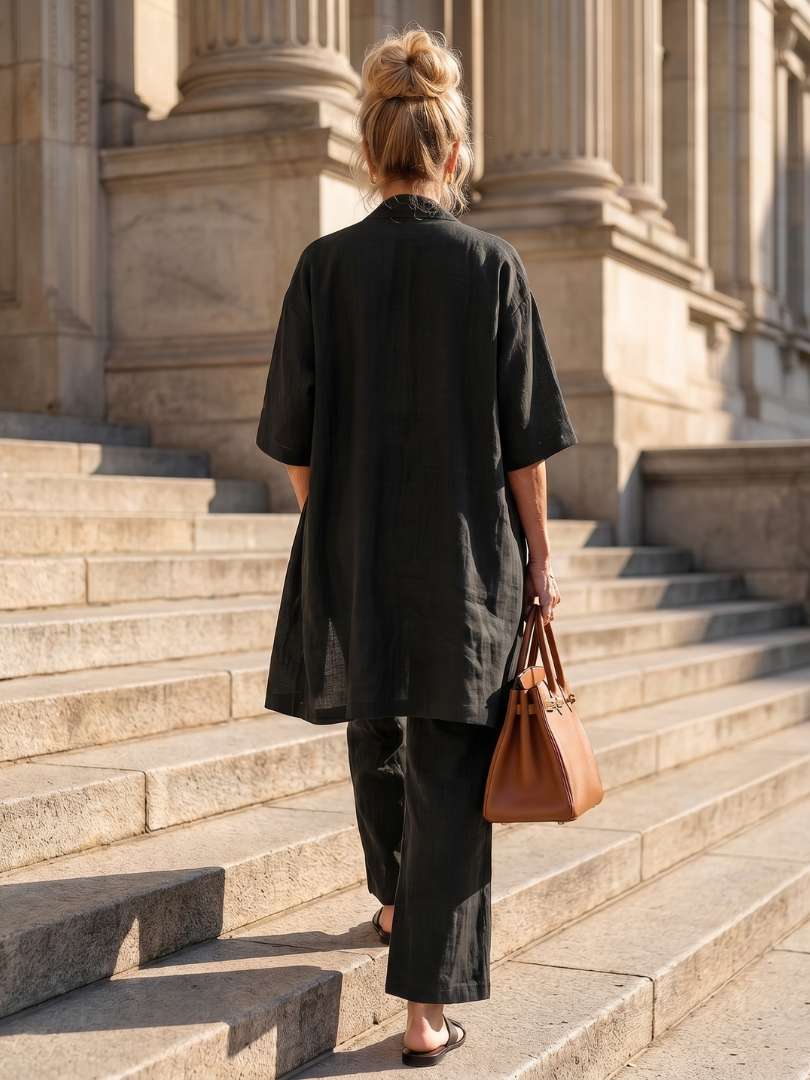 Coordinated women's loungewear: 3-piece set with longline cardigan, wide-leg pants & a sleeveless top.