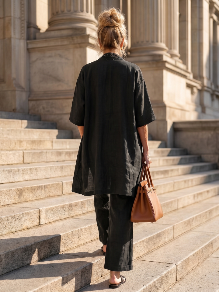 Coordinated women's loungewear: 3-piece set with longline cardigan, wide-leg pants & a sleeveless top.
