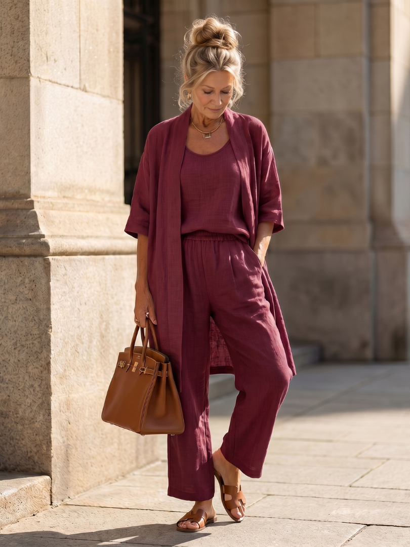 Elegant women's loungewear set with a longline cardigan, wide-leg pants & a sleeveless top for spring.