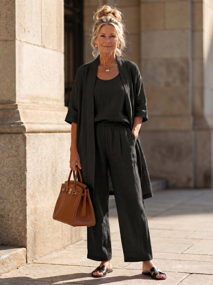 Summer fashion 3-piece set: long cardigan, flowy wide-leg pants, and a comfortable sleeveless top.