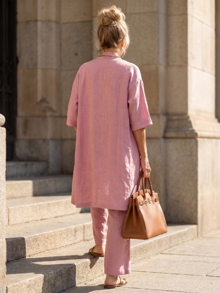 Women's spring style 3-piece outfit: elegant long cardigan, wide-leg pants & a sleeveless matching top.