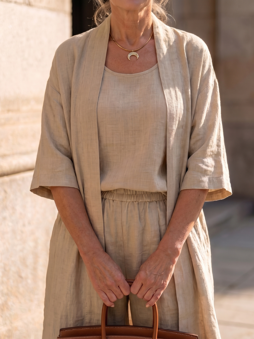 Resort wear women's 3-piece set featuring a long cardigan, wide-leg trousers, and a chic sleeveless top.