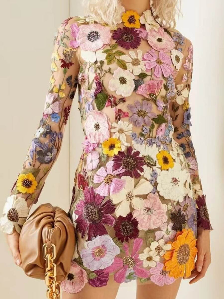 Women's elegant 3D floral embroidered dress, perfect for sophisticated all-season style.