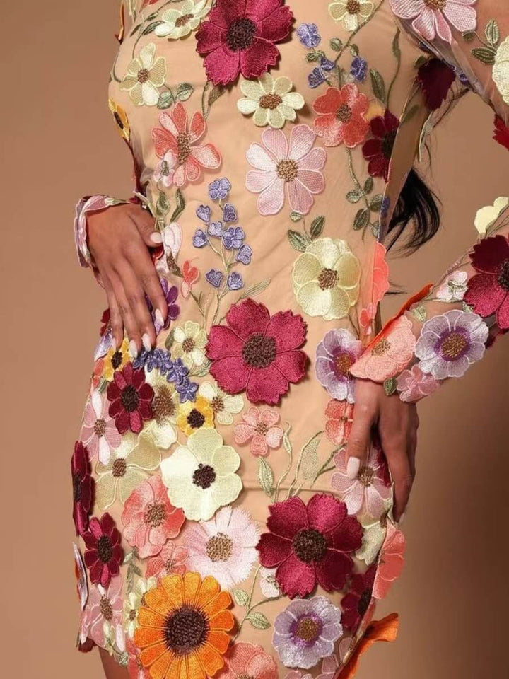 Sophisticated women's floral embroidered party dress, ideal for elegant occasion wear, day to night.