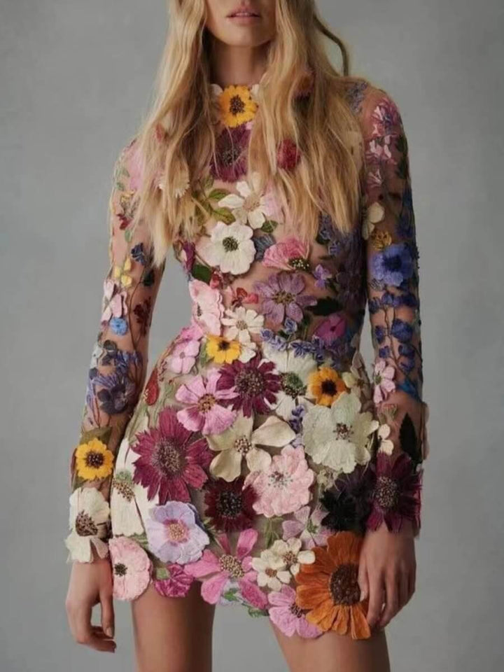 Full length view of a woman wearing an elegant 3D floral embroidered dress for sophisticated style.