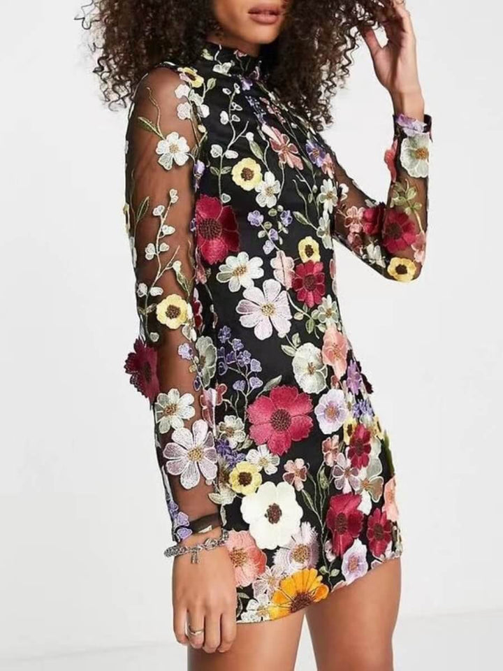 Textured women's embroidered floral dress in an elegant design, suitable for all-season events.