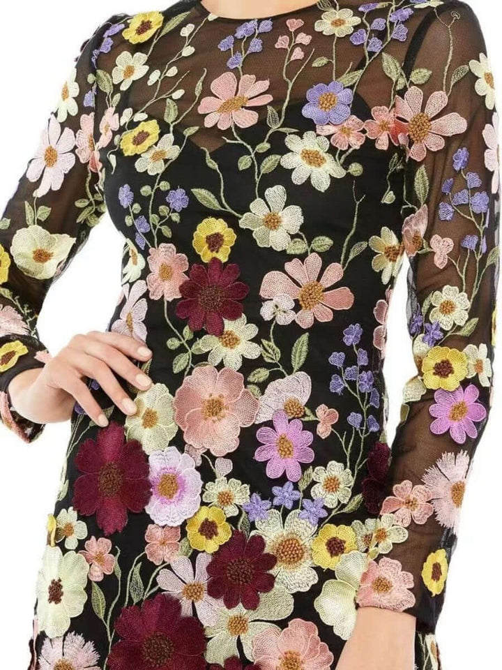 Back view of an elegant women's 3D floral embroidered dress, perfect for sophisticated day to night events.