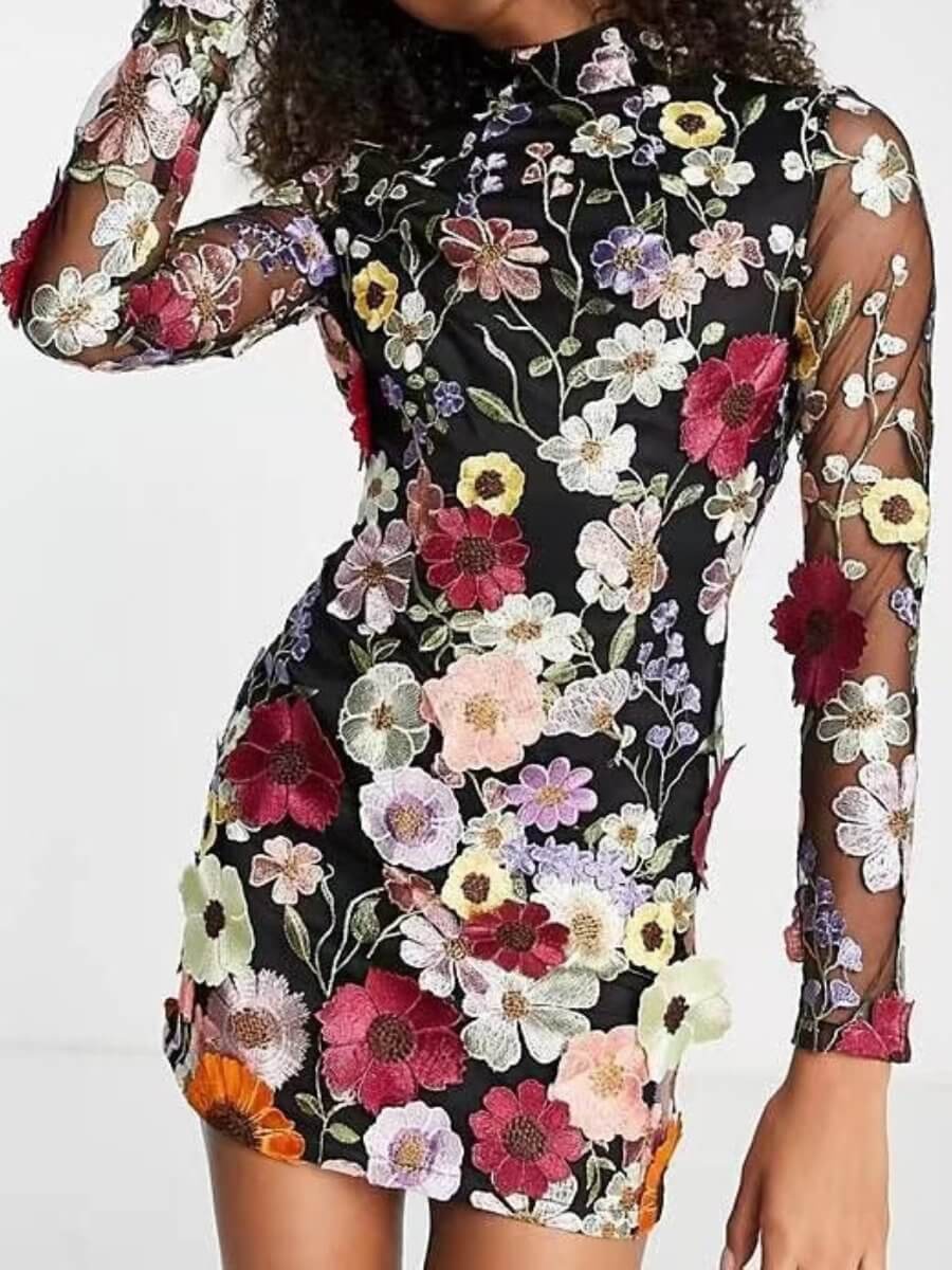 Versatile women's 3D floral embroidered dress, offering elegant all-season style for any occasion.
