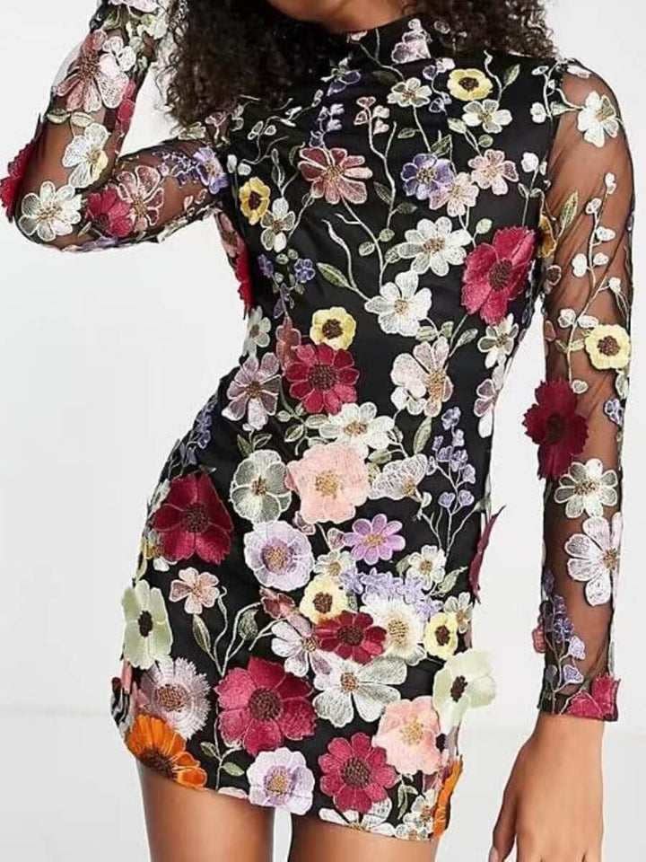 Versatile women's 3D floral embroidered dress, offering elegant all-season style for any occasion.