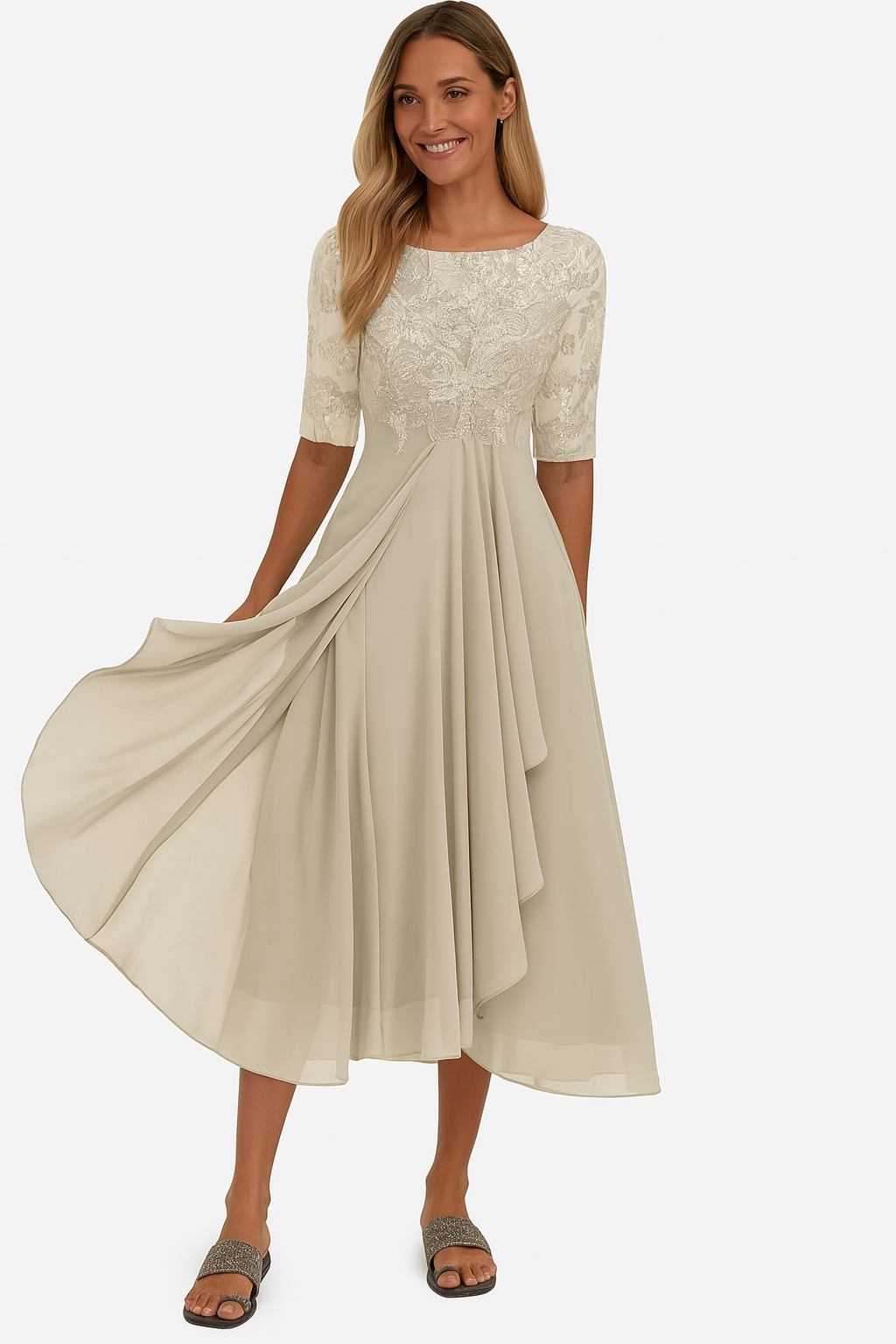 Women's elegant A-line lace midi dress, perfect for summer parties & stylish daywear.