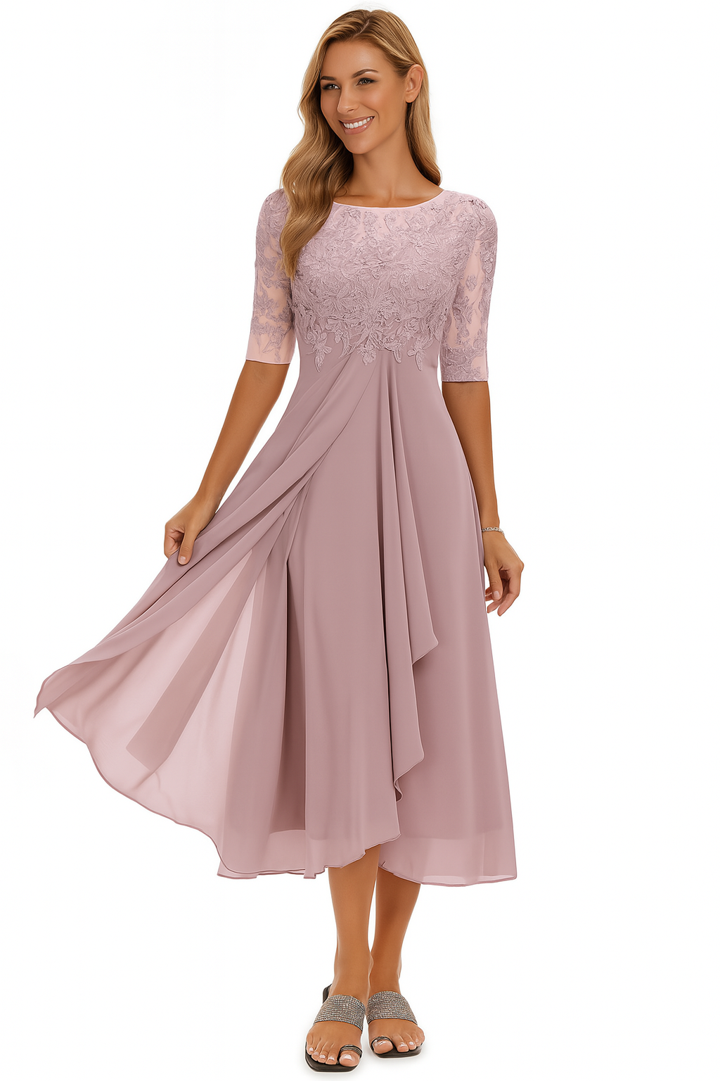 Flattering A-line lace midi dress for women, ideal for spring & summer elegant fashion.