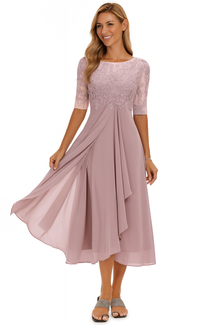 Flattering A-line lace midi dress for women, ideal for spring & summer elegant fashion.