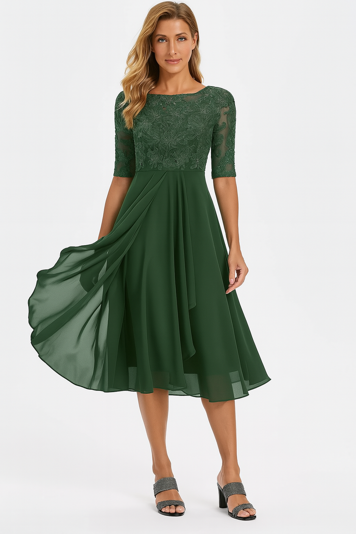 Elegant women's lace A-line midi dress, versatile for daywear, parties, & spring events.