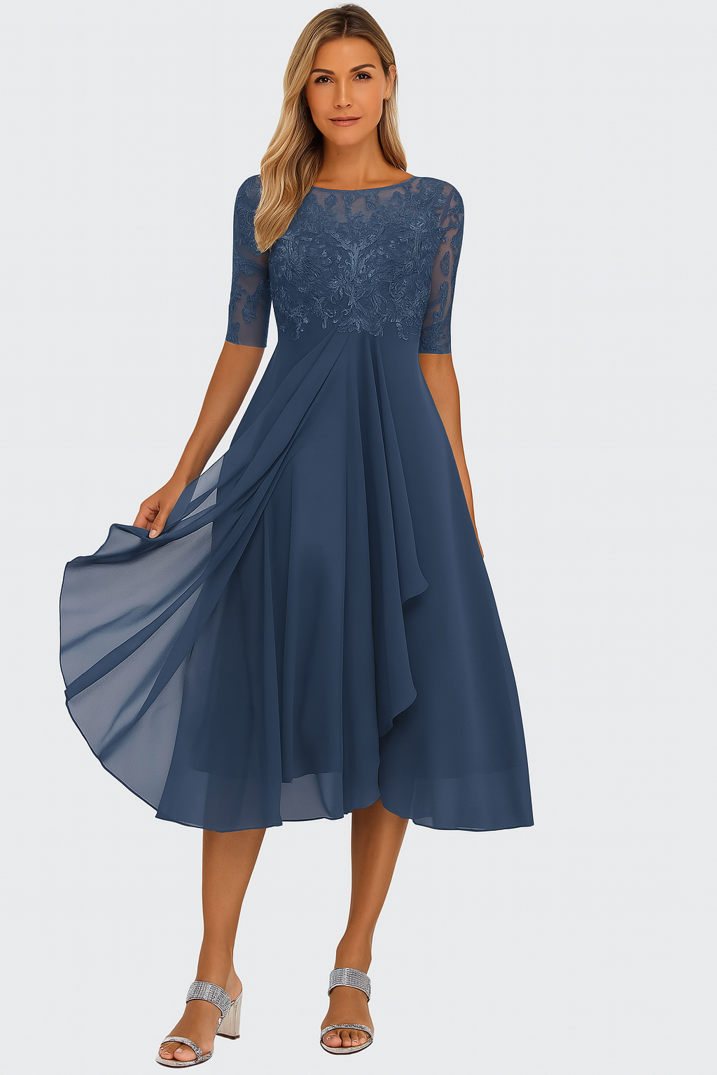 Summer style A-line midi dress with delicate lace details for women. Comfortable & chic.