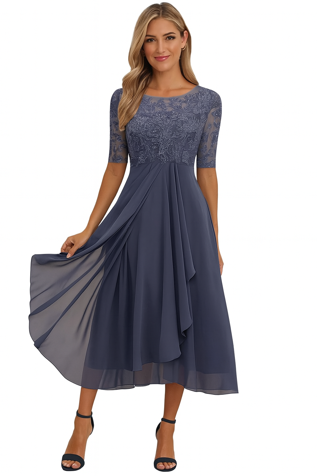 Versatile women's A-line midi lace dress. Elegant spring & summer apparel with flattering fit.