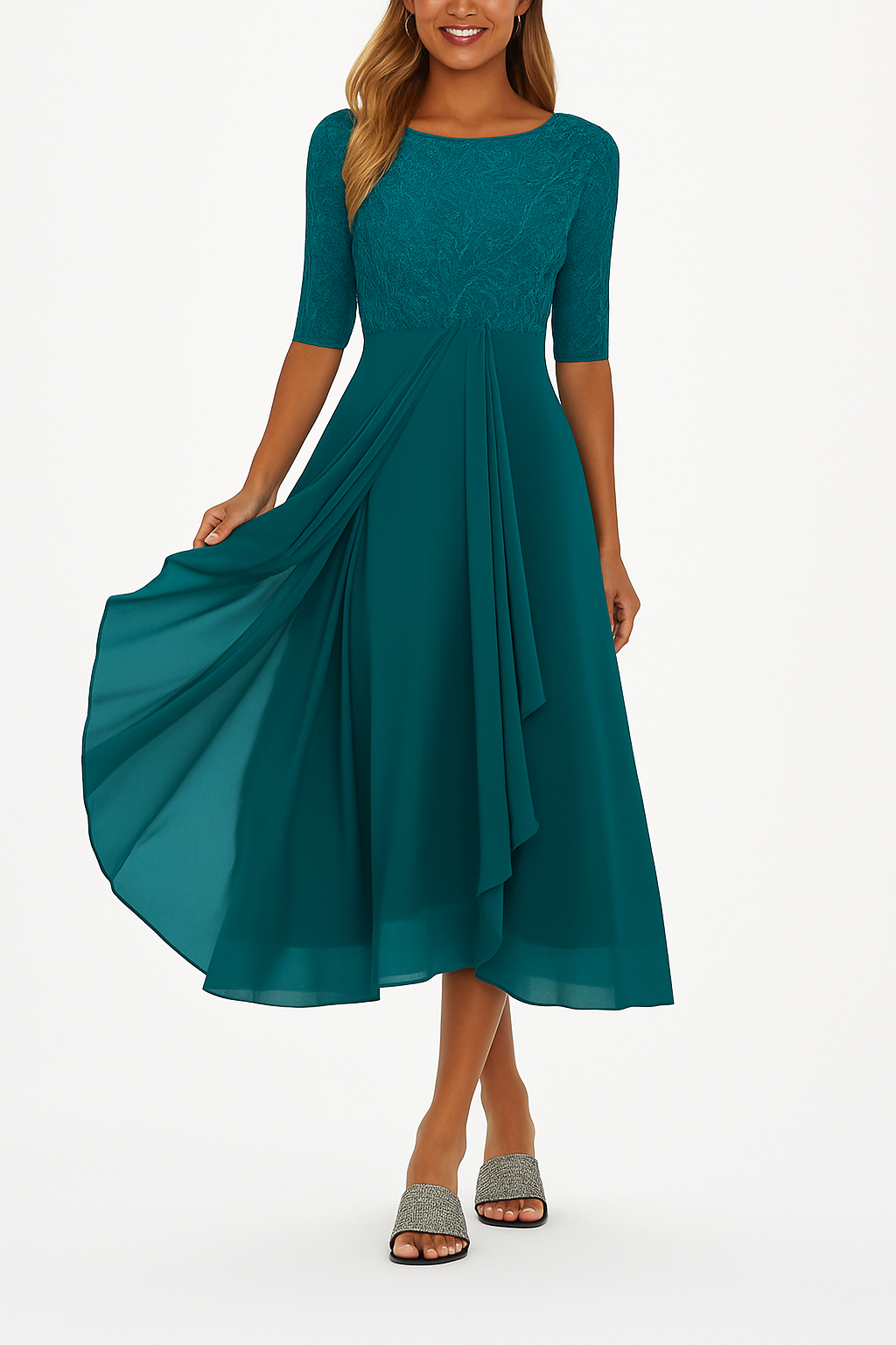 Chic women's A-line lace midi dress, an elegant choice for summer occasions & party wear.