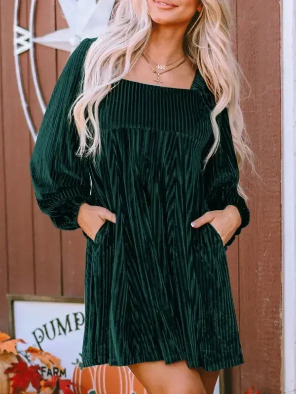 Women's elegant A-line midi dress with chic bishop long sleeves & square neck, perfect for versatile fashion.