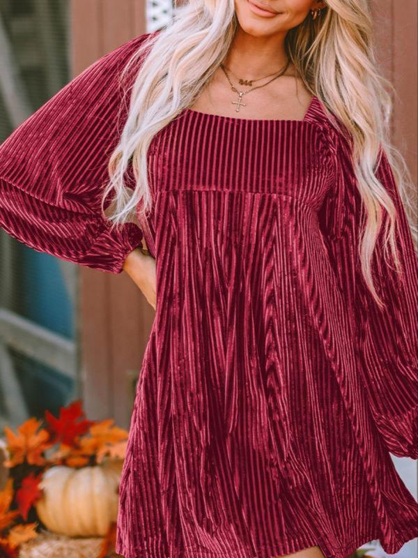 Sophisticated women's A-line dress, highlighting the unique bishop long sleeves & flattering square neck.