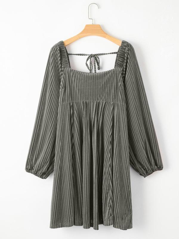 Stylish women's long sleeve A-line dress, ideal for elegant occasions, featuring a square neck & bishop sleeves.