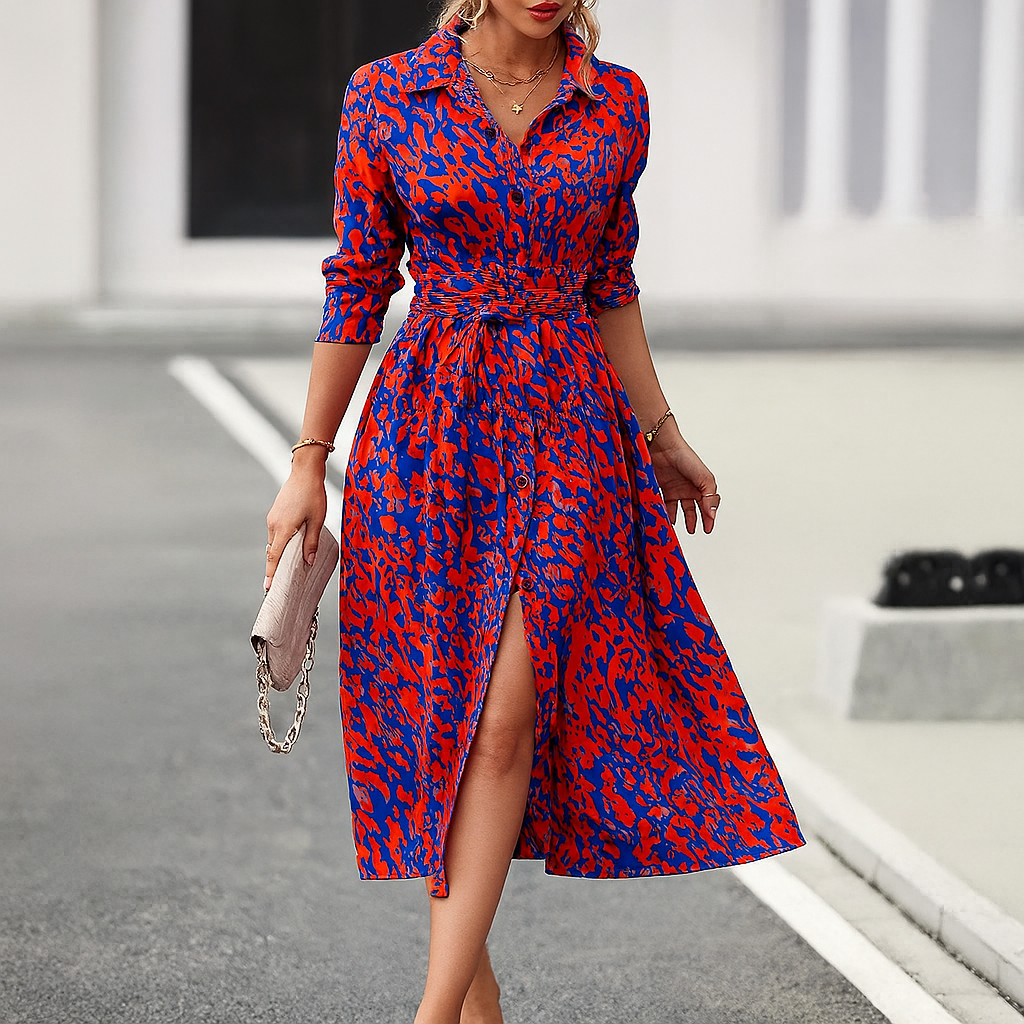 Women's elegant A-line shirt dress with a stylish print & side slit, perfect for spring casual or vacation wear.