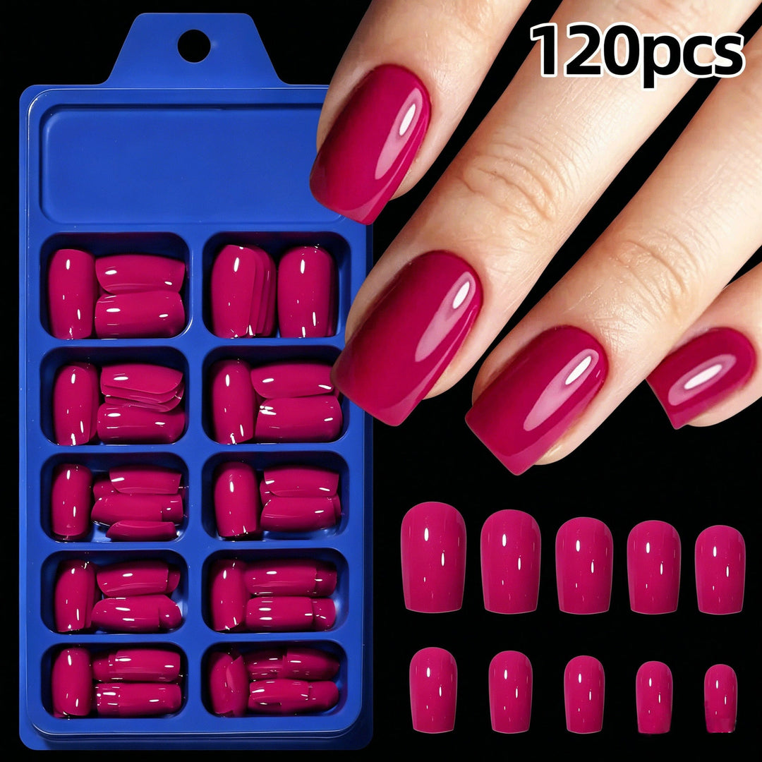 Quick elegant DIY manicure with women's almond press-on false nails, artificial beauty solution.