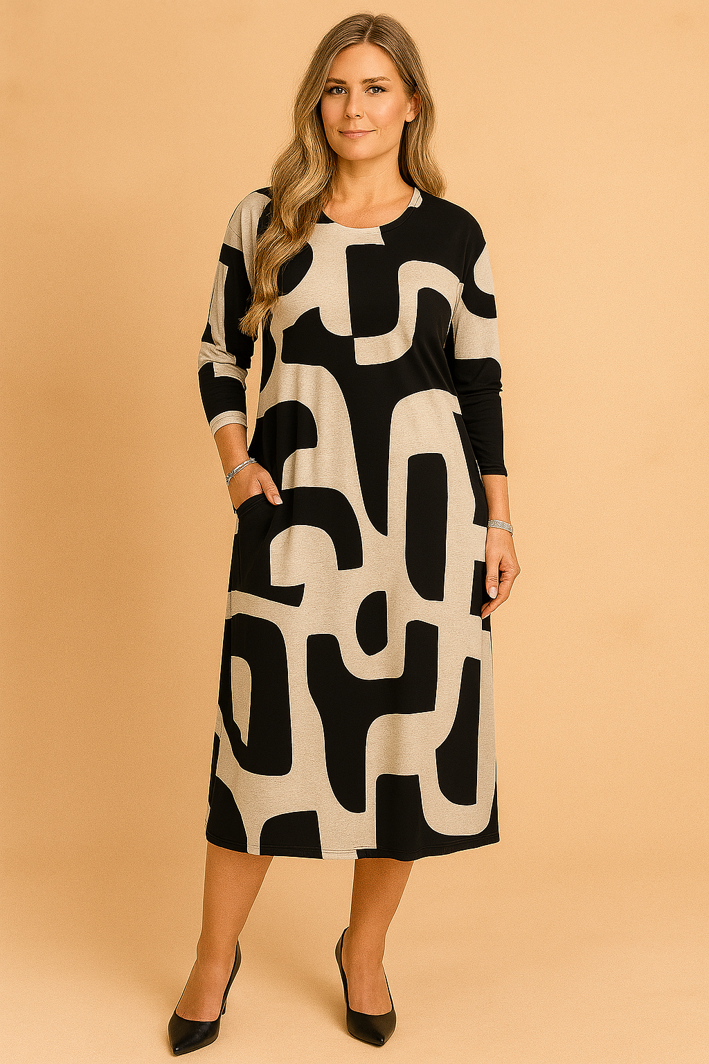 Women's elegant art print maxi dress with long sleeves, A-line cut, and practical pockets, perfect for versatile fashion.