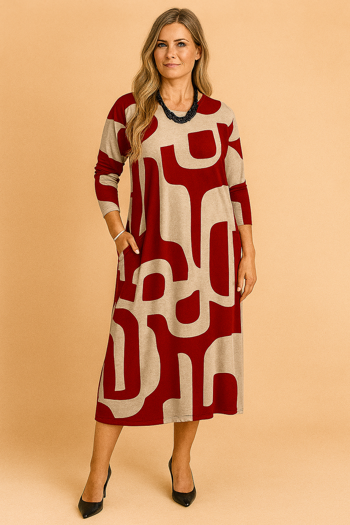 Stylish women's boho art print maxi dress, elegant long sleeve design with hidden pockets, ideal for spring & autumn.