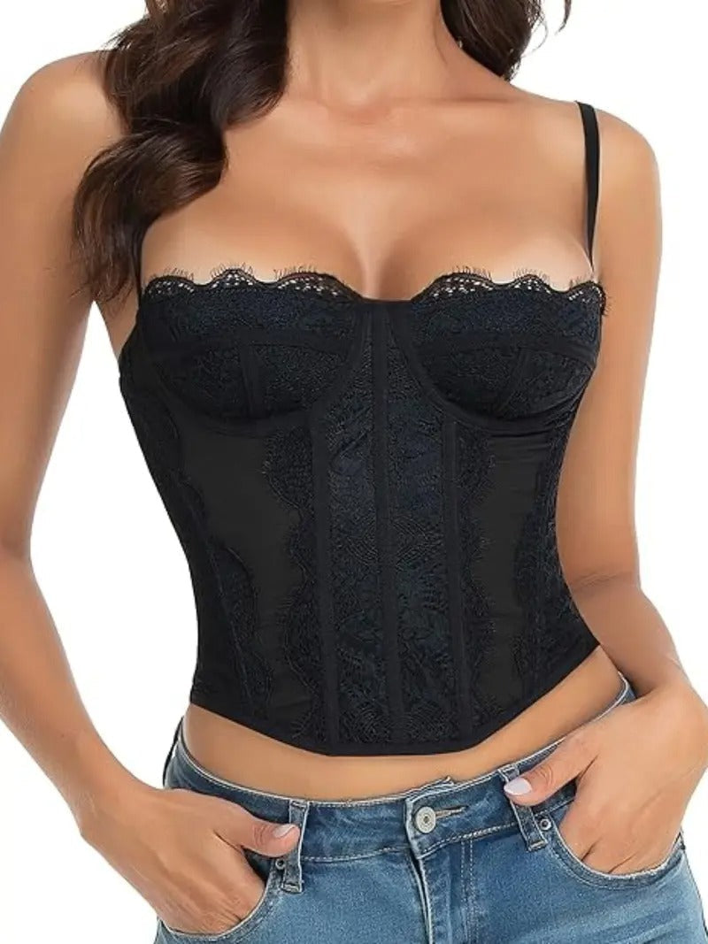 Sophisticated women's backless top, fitted bustier with elegant flocked detailing, perfect for special occasions.