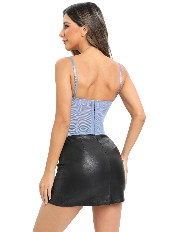 Women's party-ready backless bustier with intricate black flocked detailing and a fitted silhouette.