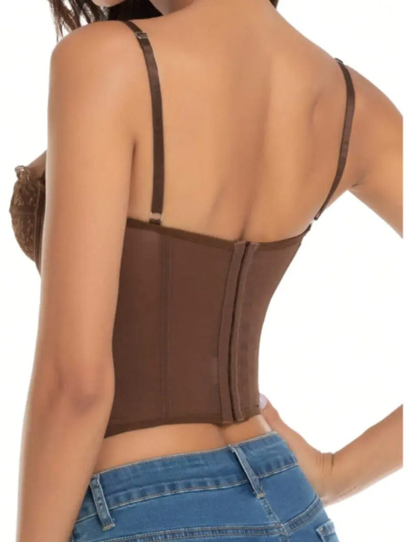 Fitted women's backless bustier, sophisticated flocked detailing, excellent for a sexy club or date night look.