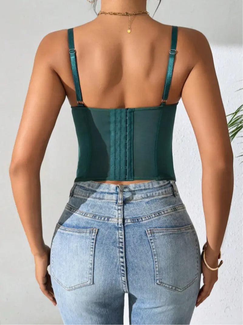 Women's fashion backless bustier top, sheer fabric and elegant flocked detailing for a stunning party outfit.