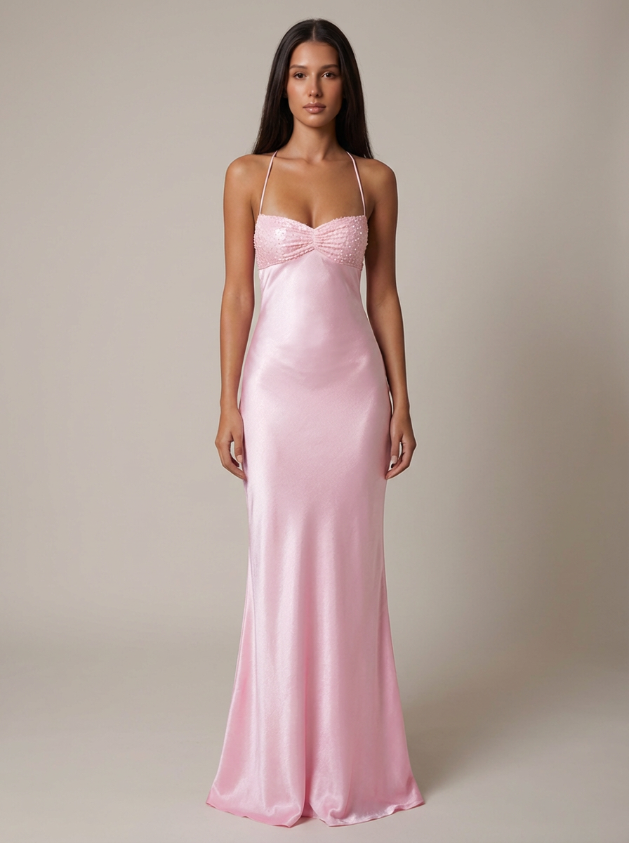 Women's elegant beaded halter maxi dress, perfect for formal events & evening galas.