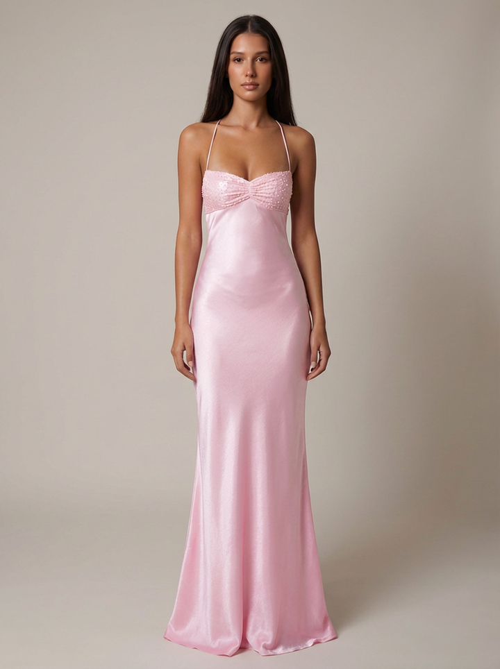 Women's elegant beaded halter maxi dress, perfect for formal events & evening galas.