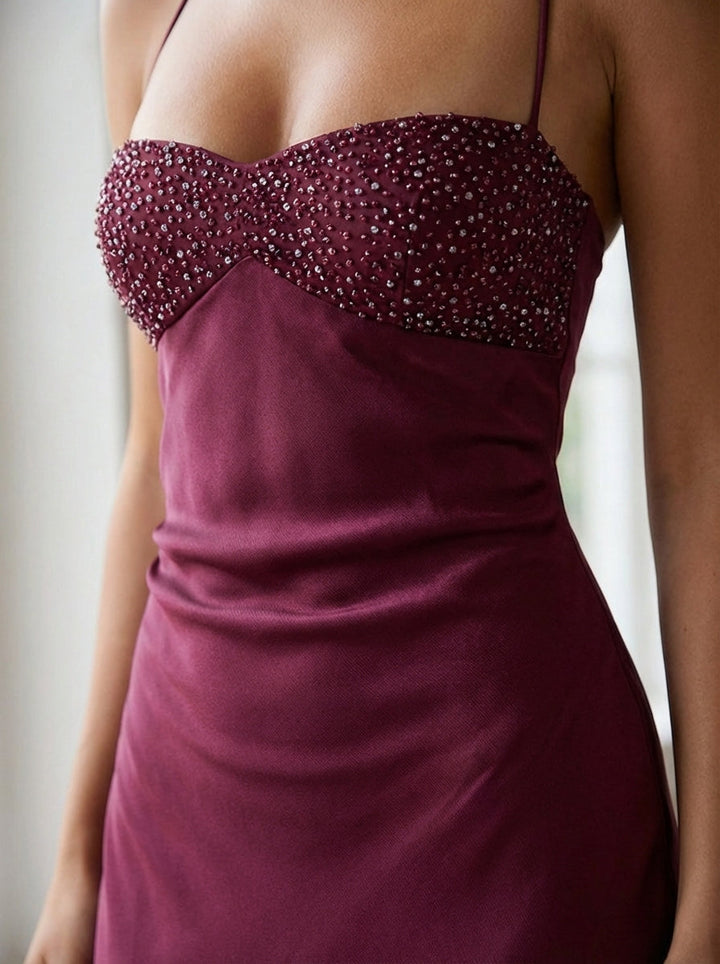 Beautiful women's formal beaded halter dress, a perfect maxi for evening wear, black tie events & galas.