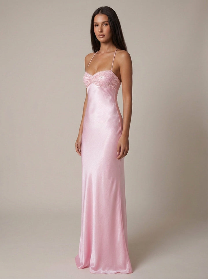 Stunning women's formal beaded halter maxi dress. Ideal for black tie events, proms & special occasions.