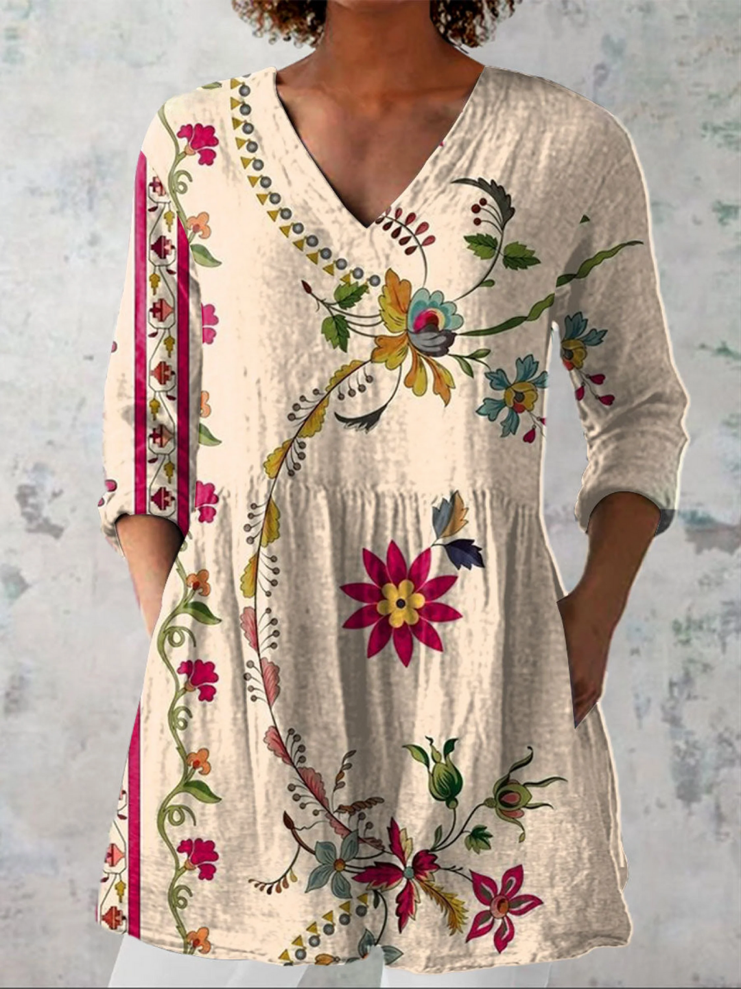 Women's elegant beige V-neck long flowing blouse, perfect for casual or chic versatile wear with a comfortable loose fit.