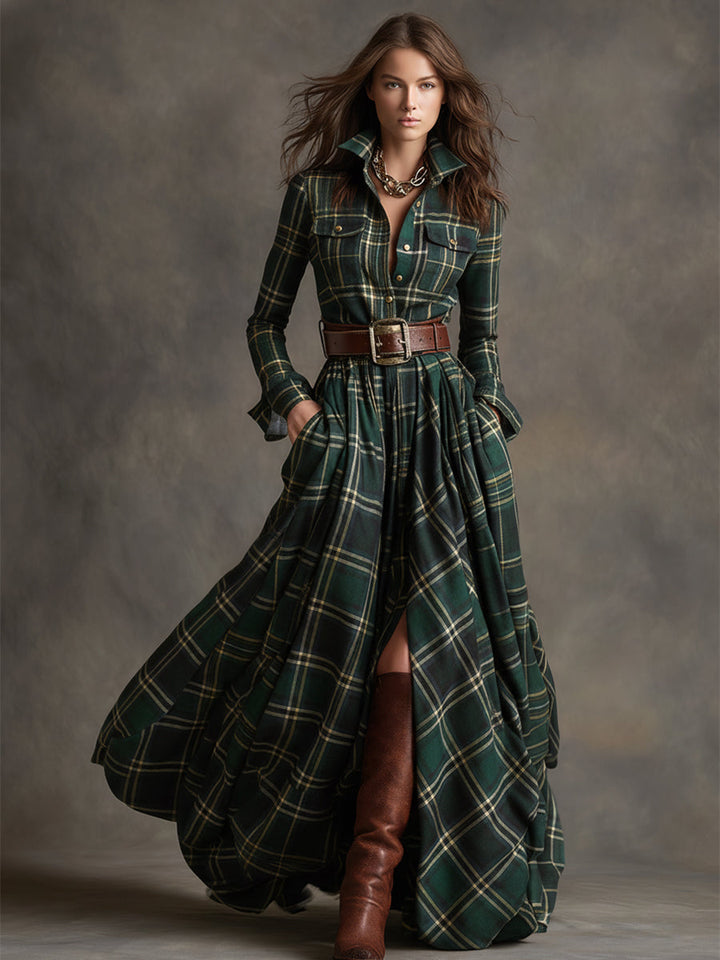 Women's sophisticated long sleeve shirt dress, belted waist, and useful pockets for convenience.