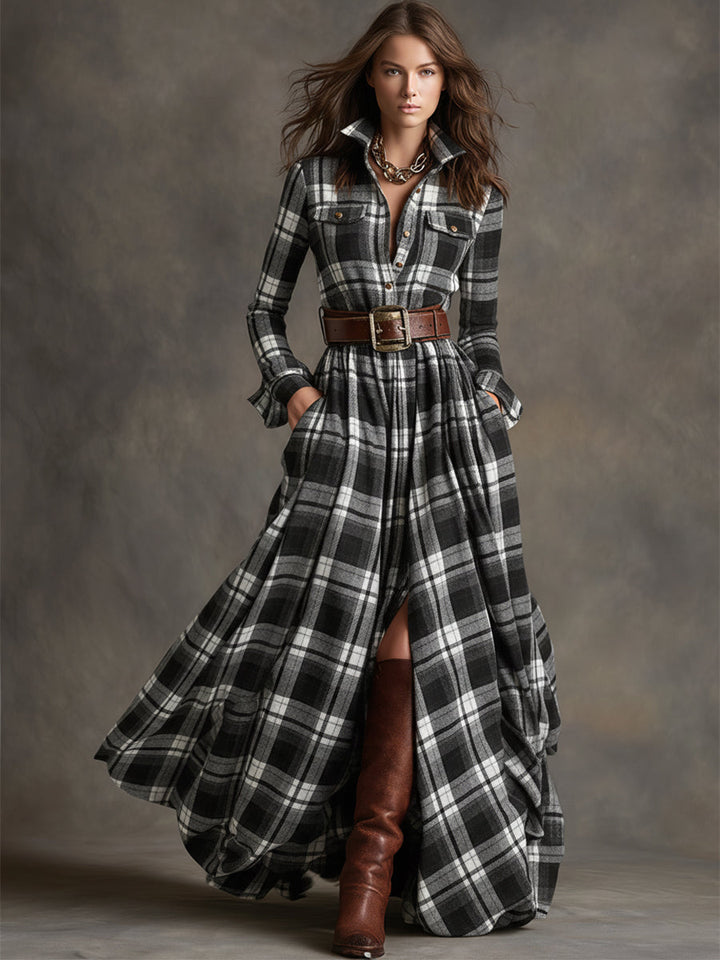Flowy women's midi belted shirt dress, combining elegance with the practicality of pockets.