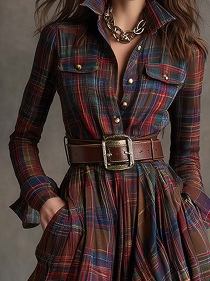 Elegant women's belted day dress, a versatile long sleeve midi for workwear or casual outings.