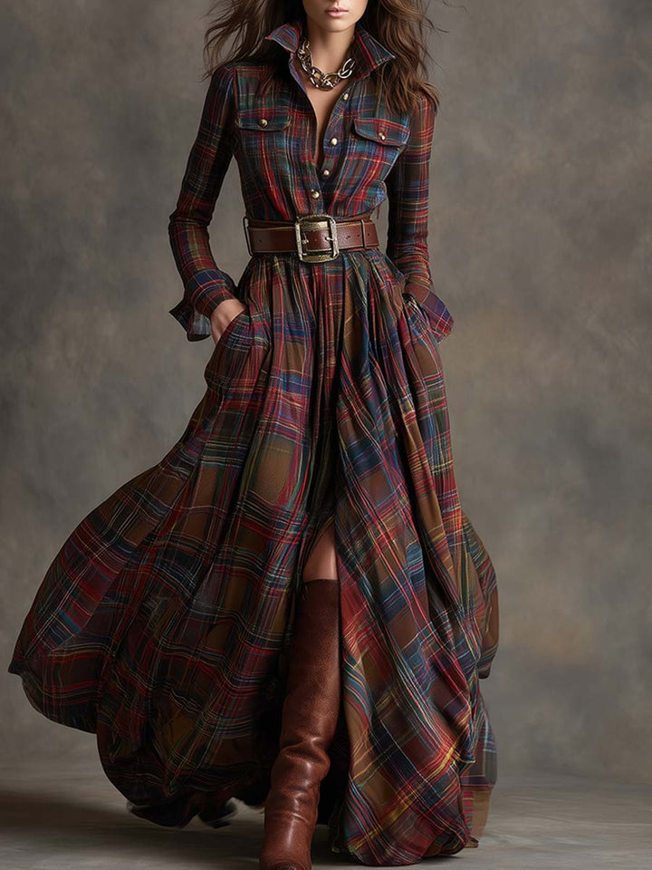 Sophisticated women's shirt dress with belt, functional pockets, ideal for spring and fall fashion.