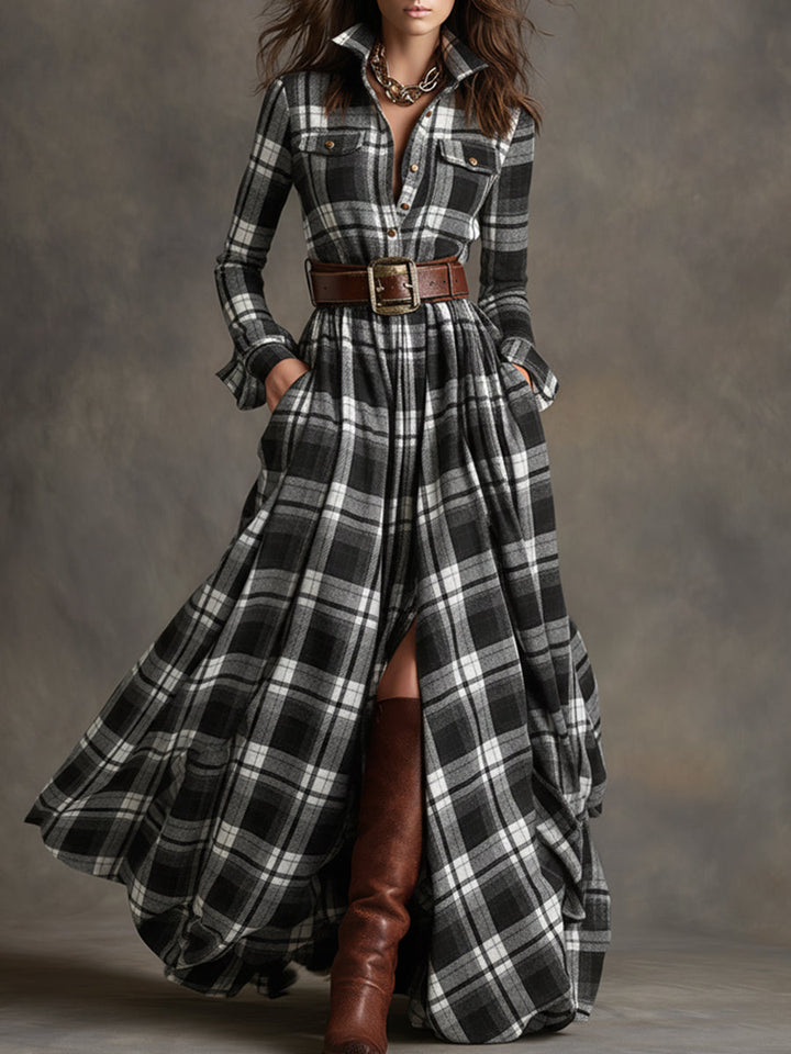 Women's long sleeve belted shirt dress, featuring practical side pockets for everyday wear.