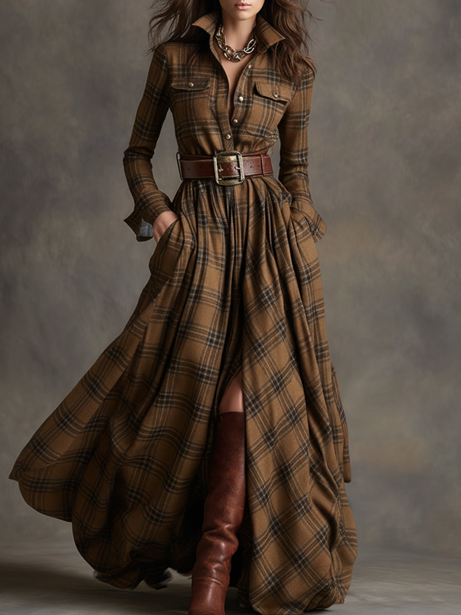 Elegant women's belted dress with pockets, a comfortable yet stylish long sleeve option.