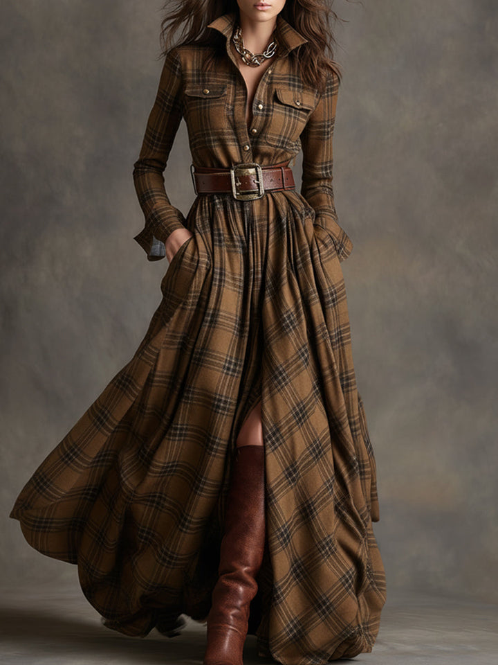 Elegant women's belted dress with pockets, a comfortable yet stylish long sleeve option.