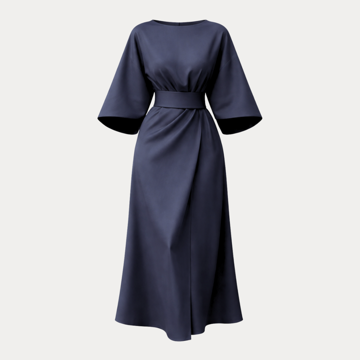 Women's elegant belted wide sleeve wrap midi dress, perfect for sophisticated occasion & event wear.