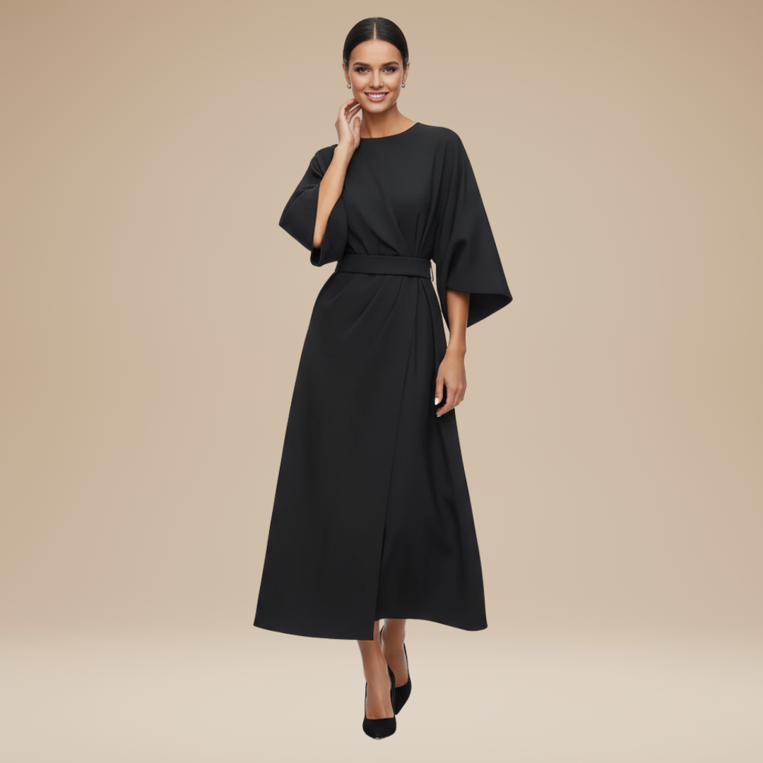 Close-up of the flattering V-neckline on an elegant women's long sleeve wrap midi dress, occasion ready.