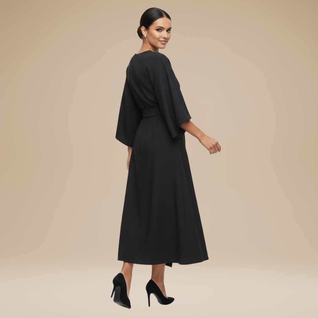 Chic women's long sleeve wrap midi dress from the back, elegantly styled for special formal events.